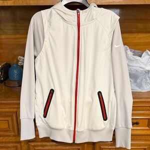 Nike Women's Jacket in Off-white/Light Grey with Electric Red Zippers and Hood